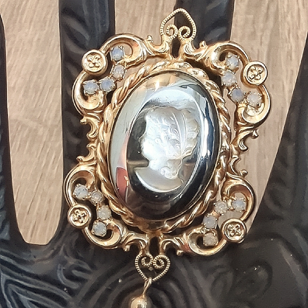 Vintage Hematite Tassel Cameo Brooch